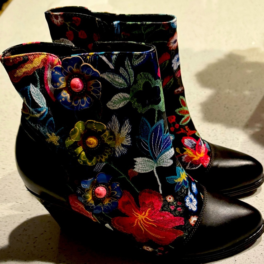 Floral leather boots.